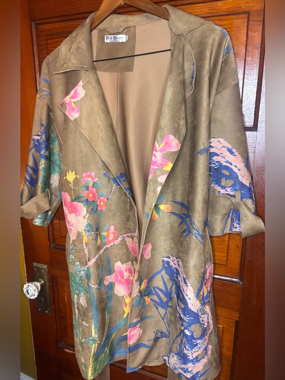 Red Queen Floral Bird Print Belted Duster Coat L/XL